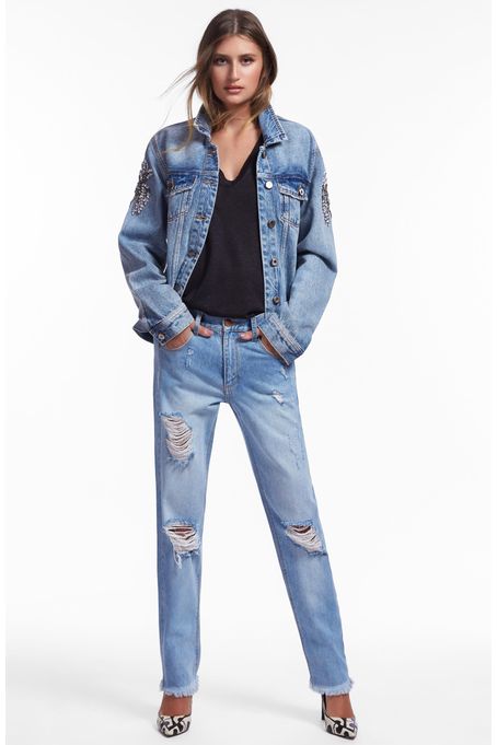 jaqueta jeans bordada animale